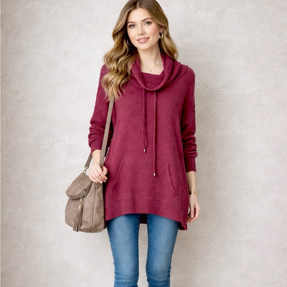 NWT Long Sleeve Maroon Cowl Neck Kangaroo Pocket Front Sweater Sz Xl